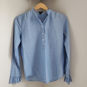 Ann Taylor Striped Half Button Top With Ruffle, S.